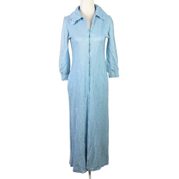 Vintage 70s light blue and silver metallic sparkle maxi dress 10 - Picture 1 of 7
